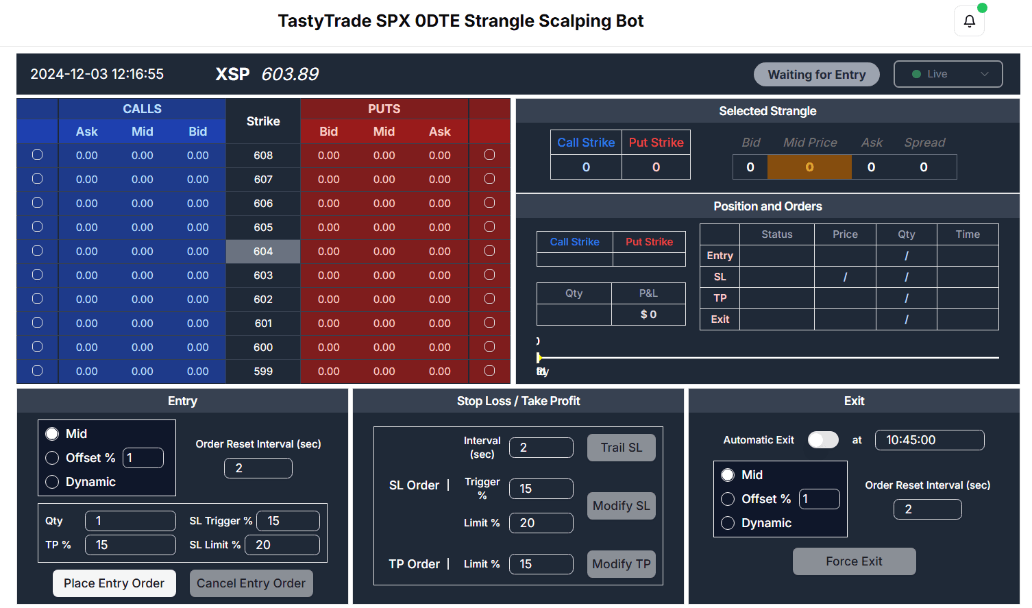 strangle scalping trading bot dashboard